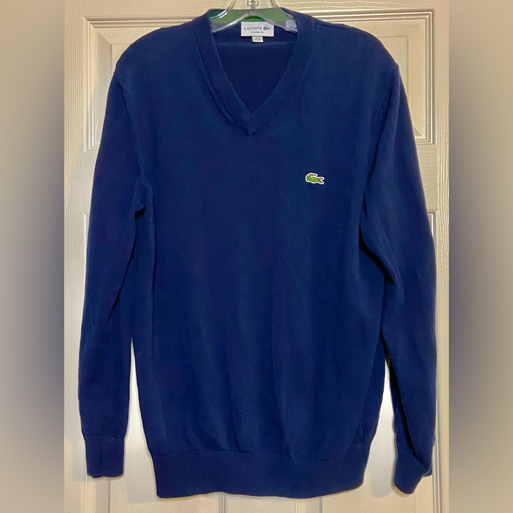 Lacoste Men's Size 6 Blue w/ Alligator Logo 100% Cotton V-Neck Pullover Sweater